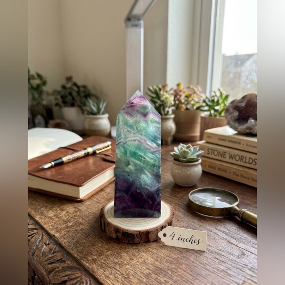 Rainbow Fluorite Tower 4-Sided Point | Translucent Purple & Green Banded Obelisk